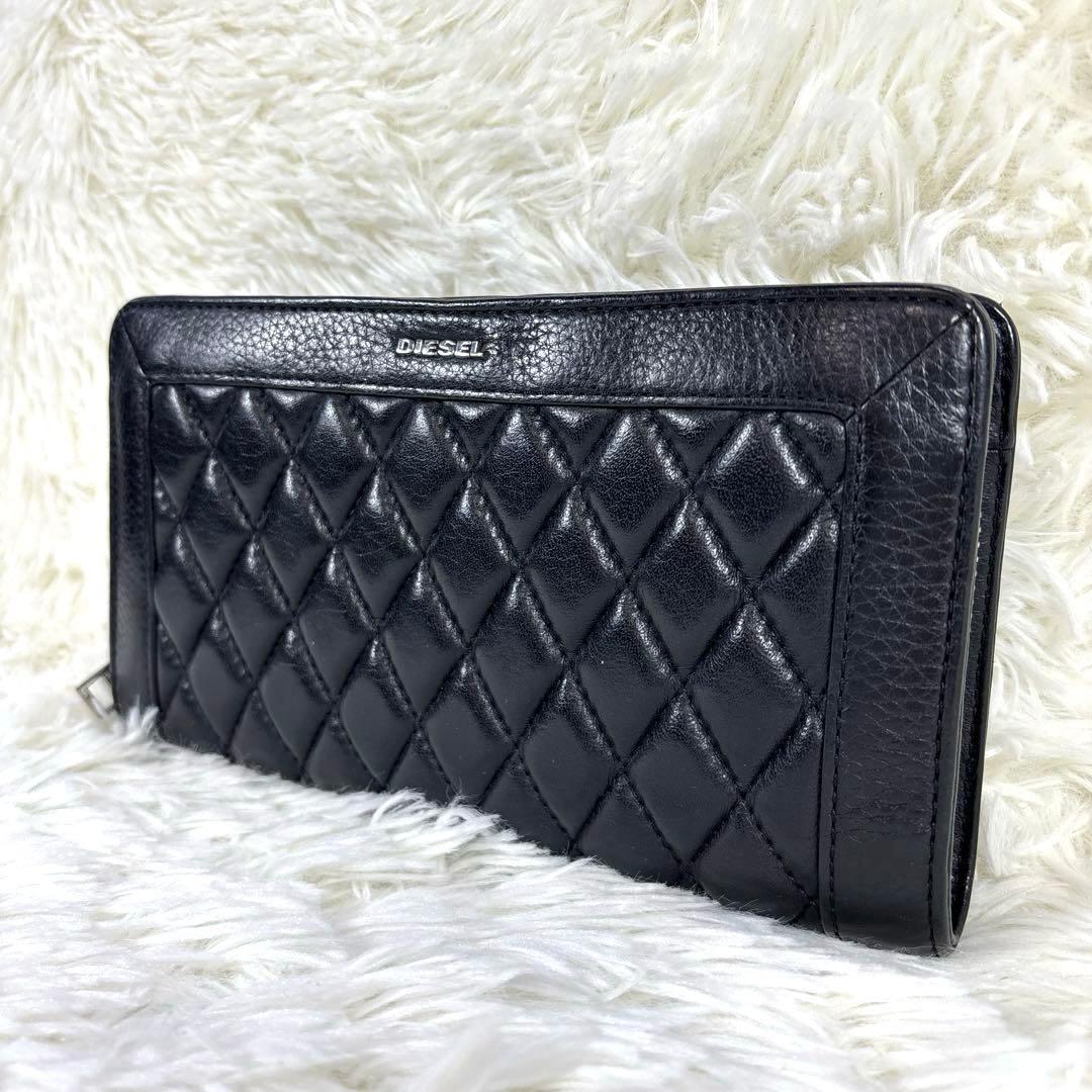 美品✨DIESEL オールレザー キルティング 長財布 ブラック メタルロゴ