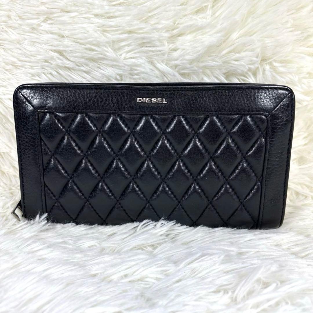 美品✨DIESEL オールレザー キルティング 長財布 ブラック メタルロゴ