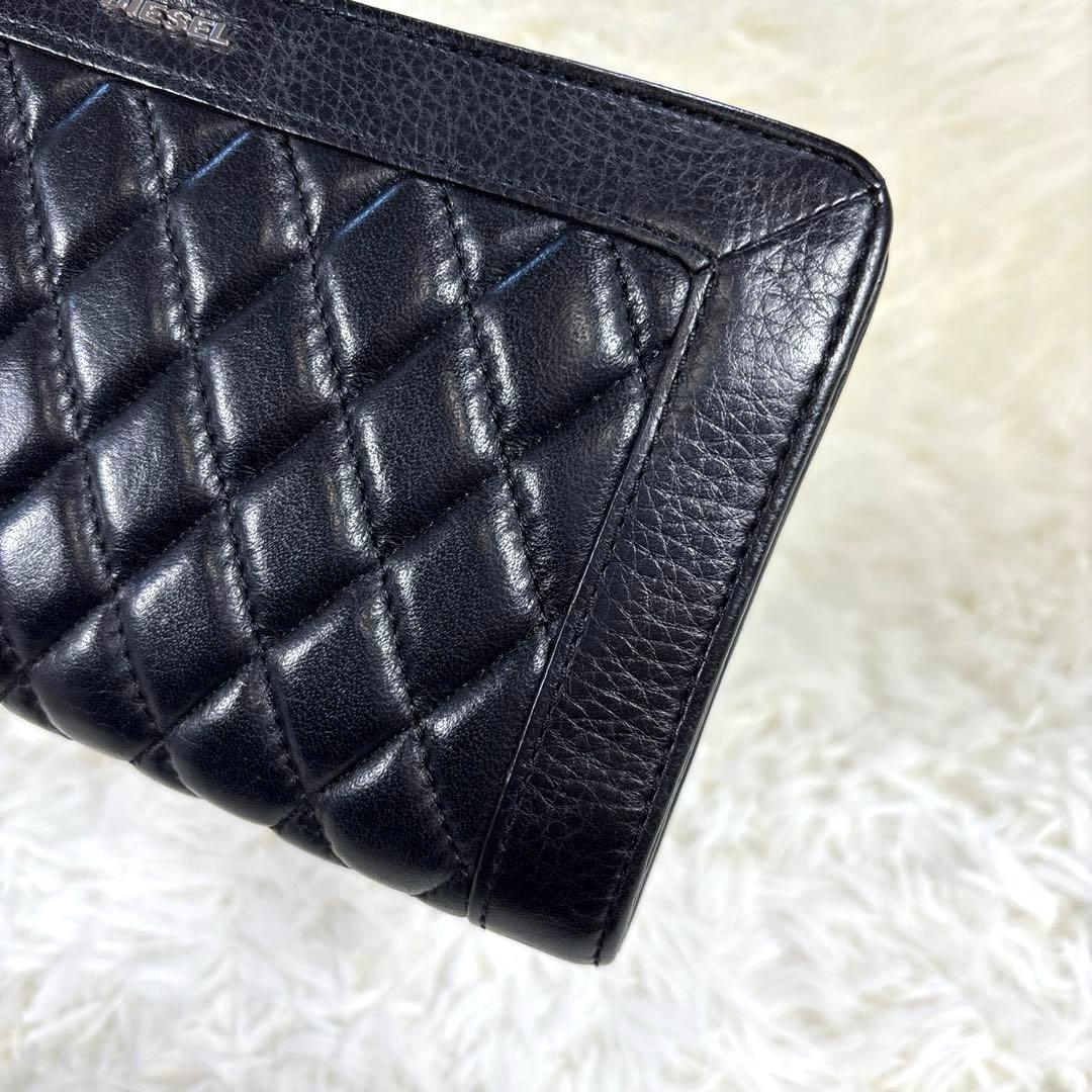 美品✨DIESEL オールレザー キルティング 長財布 ブラック メタルロゴ