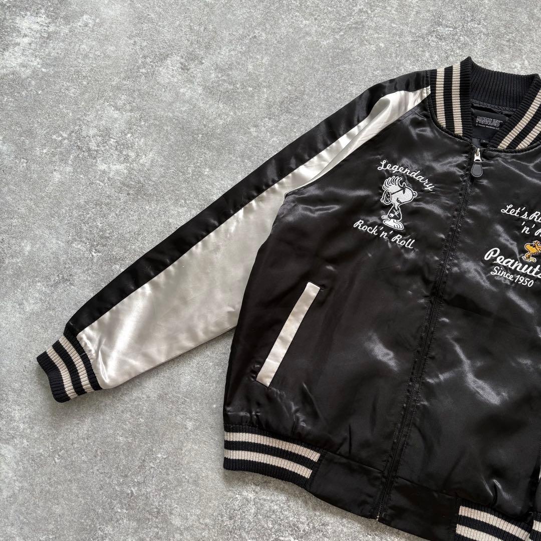 【PEANUTS】 ピーナッツ サテンスカジャン スヌーピー 刺繍 ブラック L