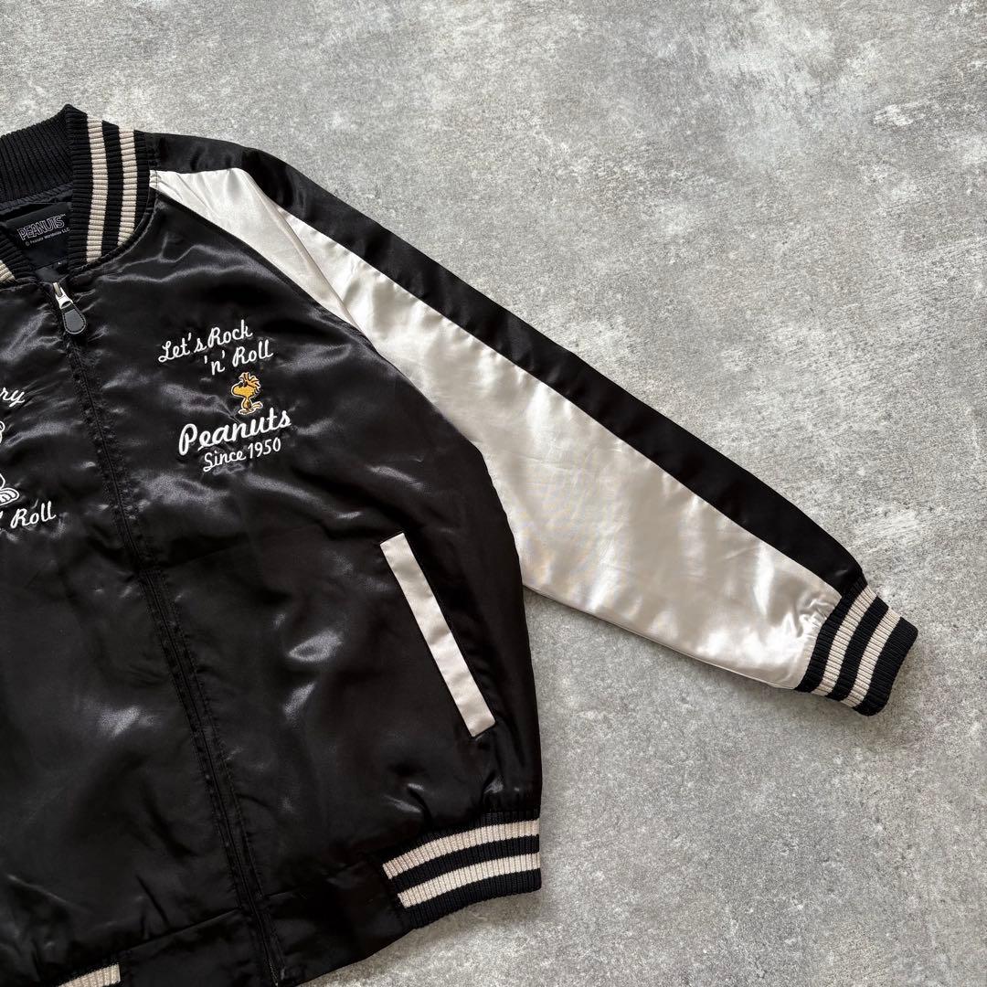 【PEANUTS】 ピーナッツ サテンスカジャン スヌーピー 刺繍 ブラック L