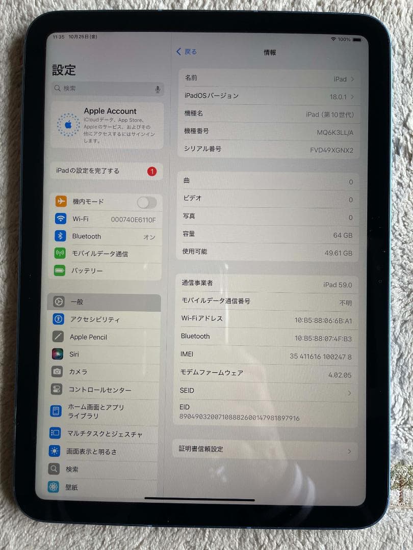 iPad 第10世代10.9インチ Wi-Fi-cell６４GBバッテリー８８％