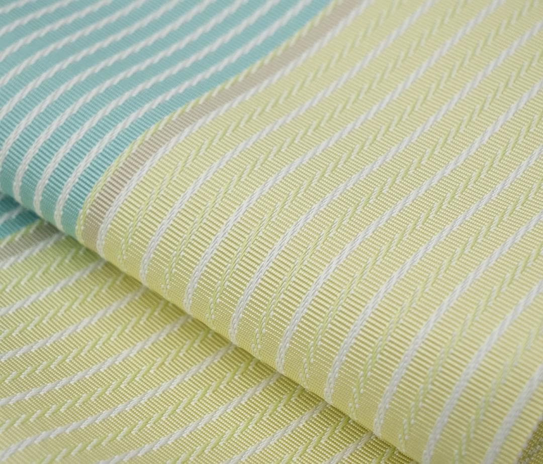 新品 博多帯 麻絹 単衣半幅帯 西村織物 ミントイエロー帯端かがり加工代込