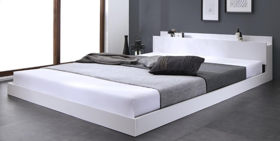 【honu】ダブルベッド マットレス付 棚 コンセント付 ホワイト