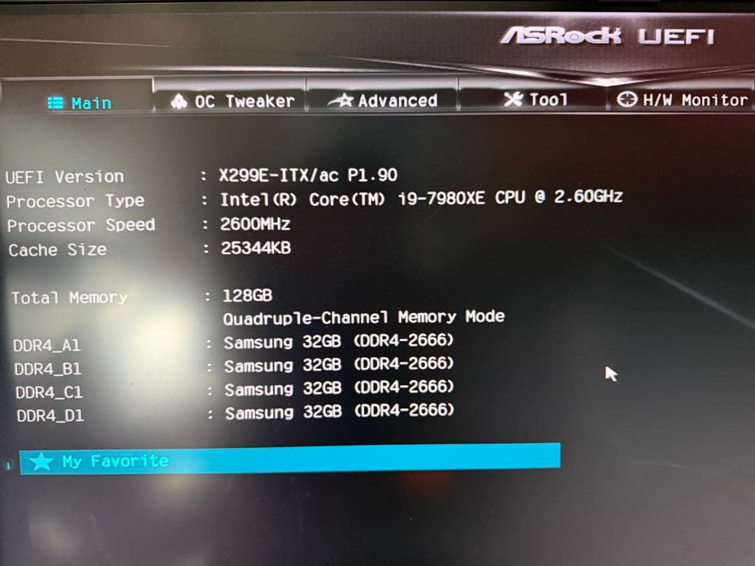 X299E-ITX/ac + Core i9 7980XE + 128GBメモリ