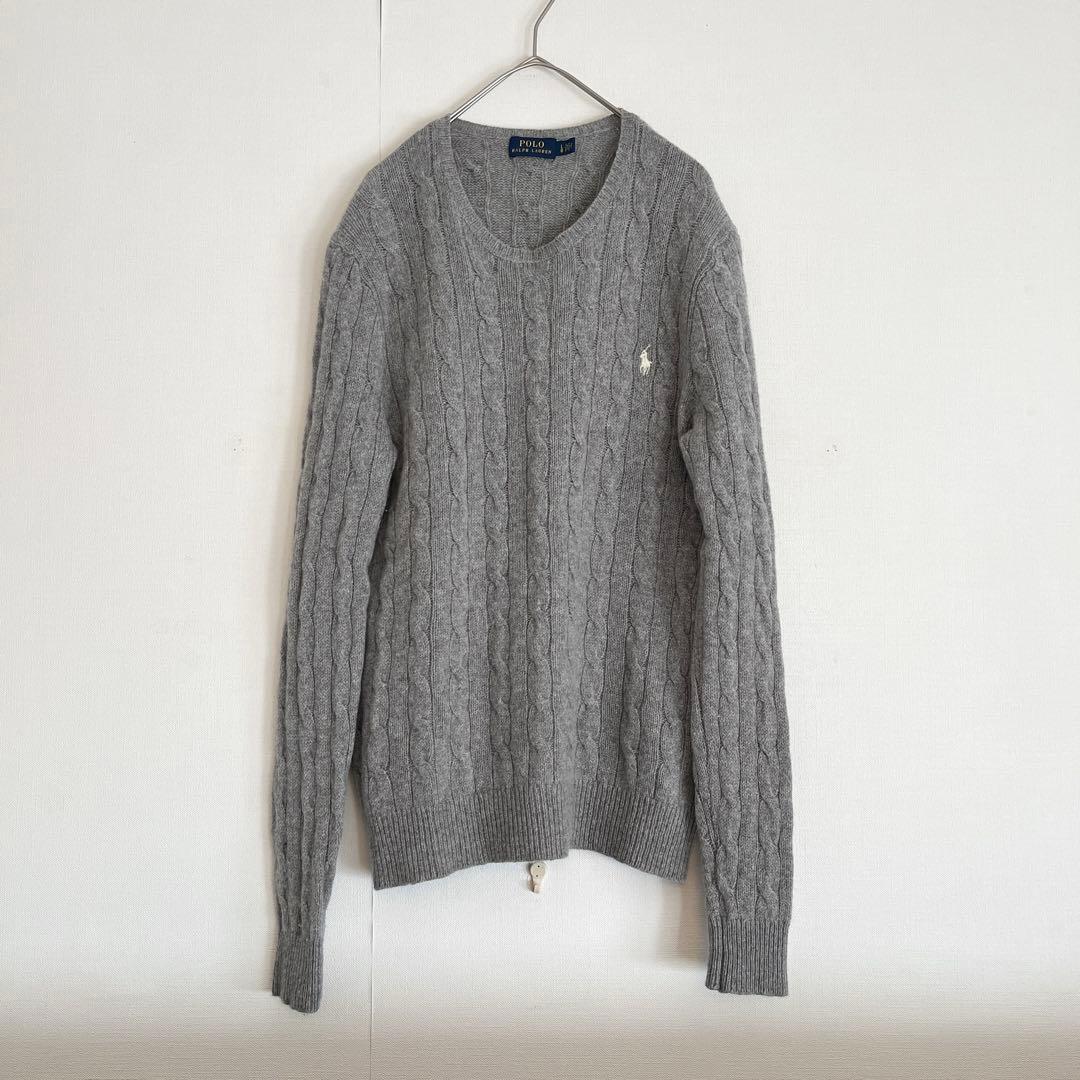 【優しいグレー★カシミヤ混★未使用級】ラルフローレンケーブルニット★クルーネック
