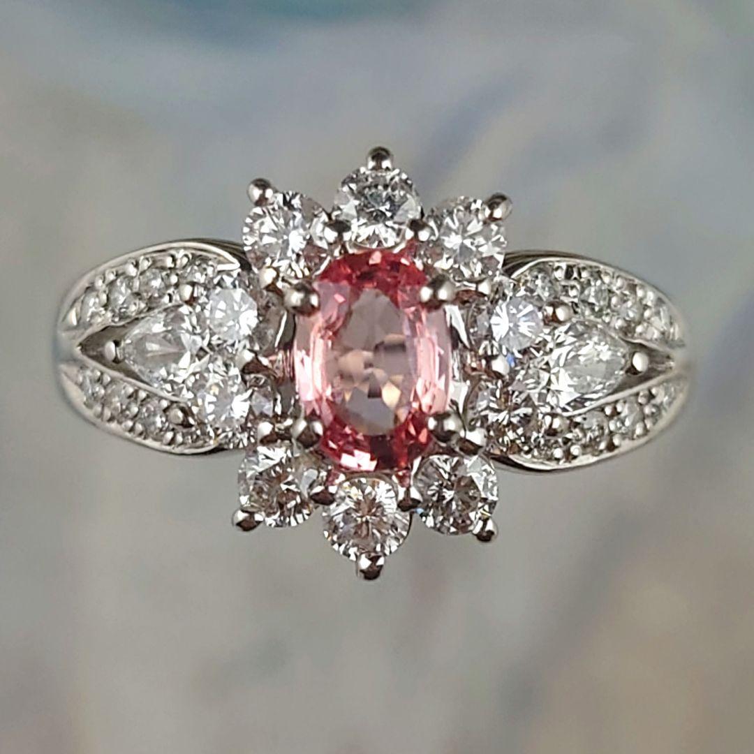 Pt パパラチアサファイア　ダイヤモンドリング　プラチナ　ダイヤ　鑑別所付き