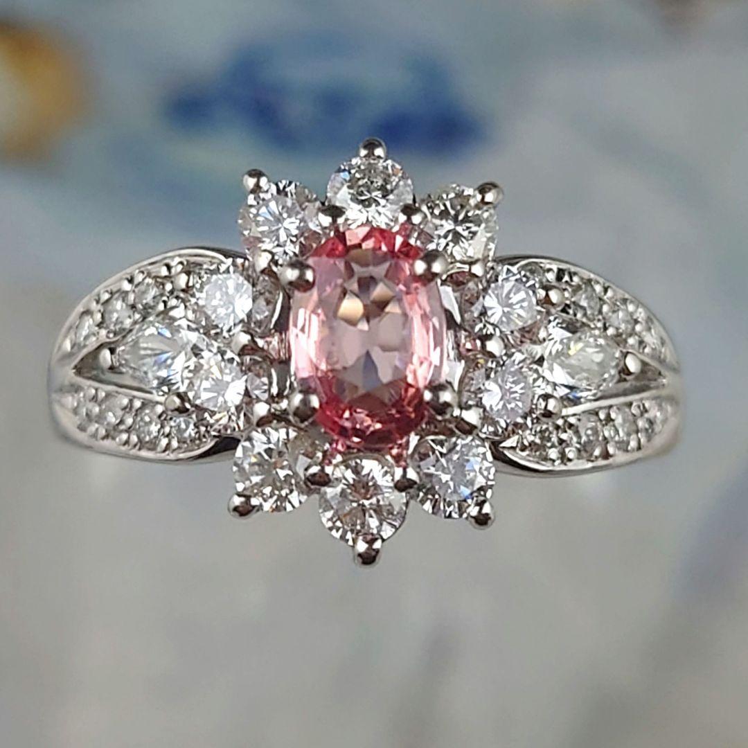 Pt パパラチアサファイア　ダイヤモンドリング　プラチナ　ダイヤ　鑑別所付き