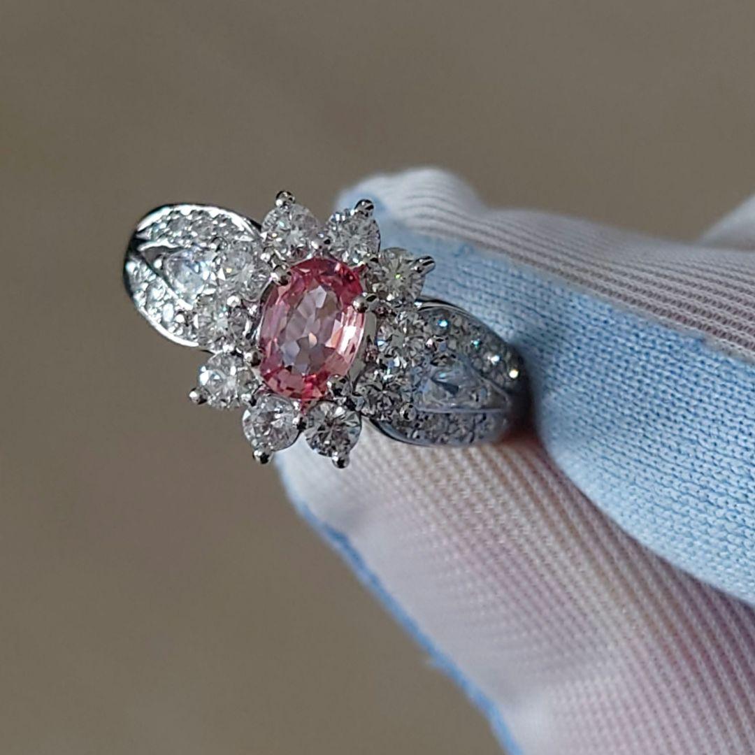 Pt パパラチアサファイア　ダイヤモンドリング　プラチナ　ダイヤ　鑑別所付き