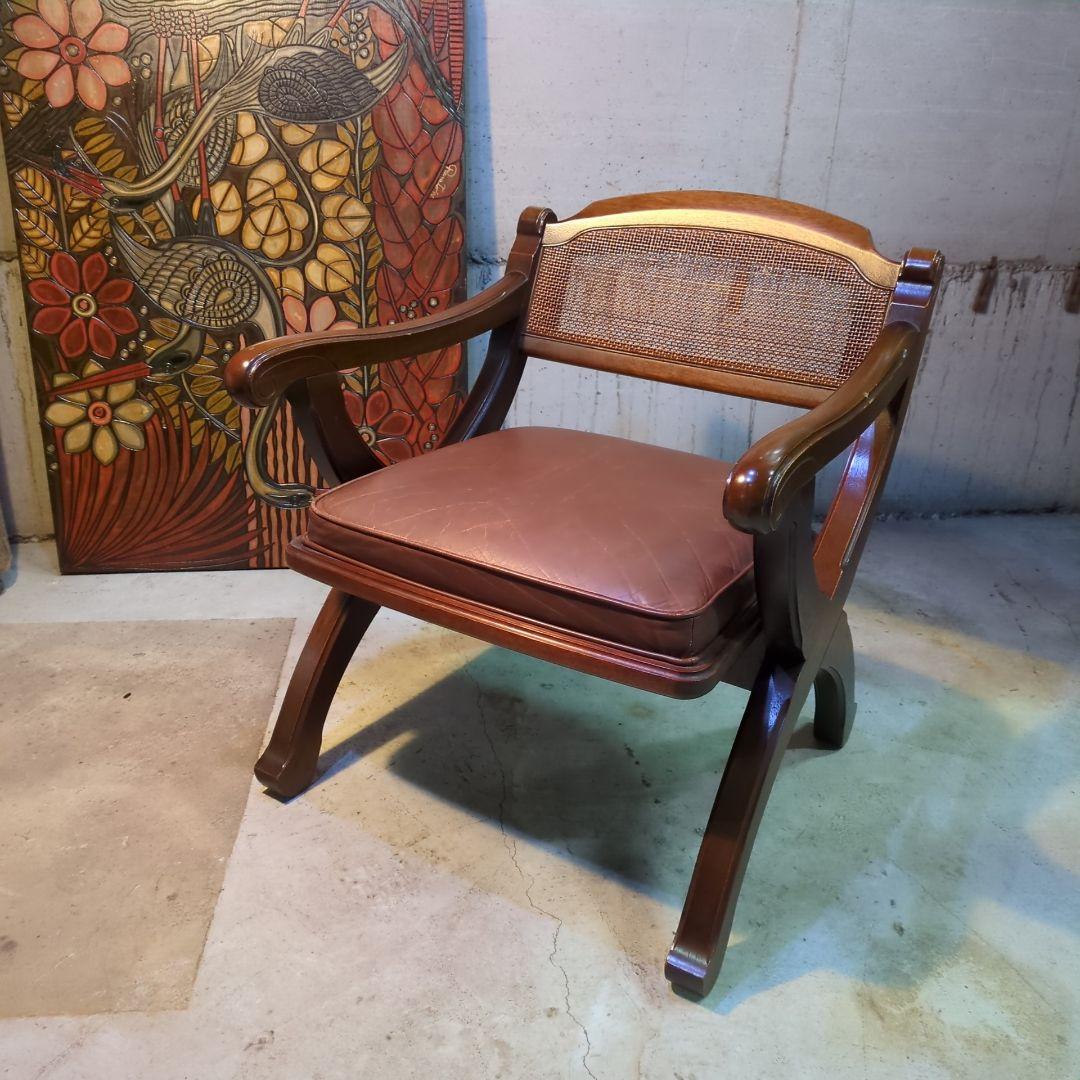 マルニ木工◆ビンテージ　ラタン　本革　ソファ　アーム　チェア 椅子 イス ①