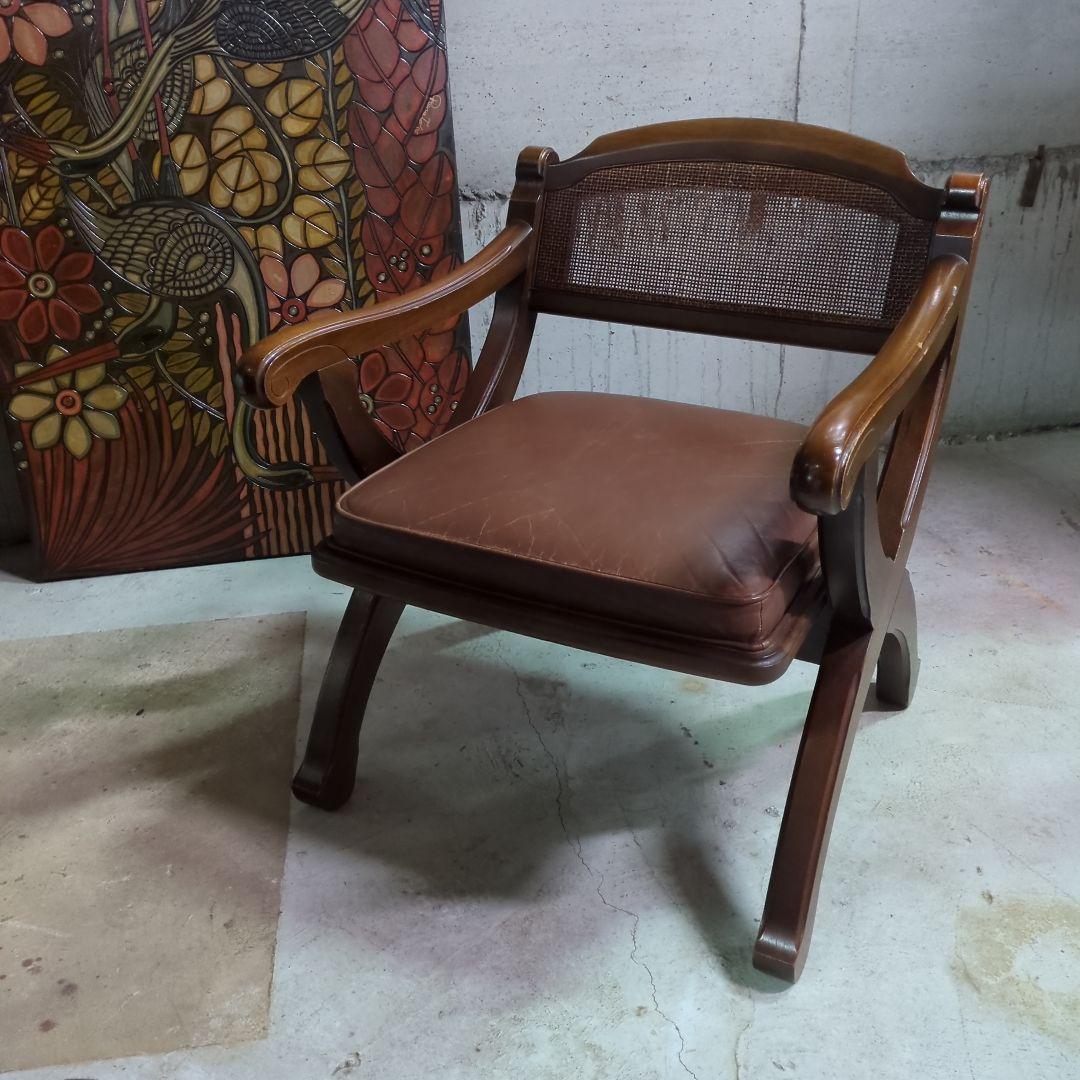 マルニ木工◆ビンテージ　ラタン　本革　ソファ　アーム　チェア 椅子 イス ①