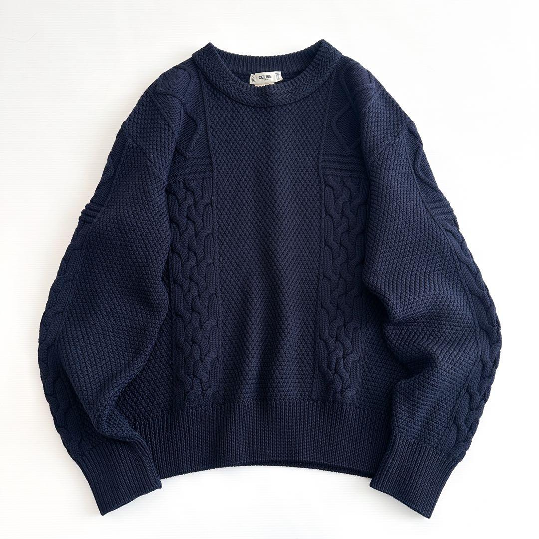 CELINE メリノウール ケーブルニット 紺 セーター 鹿の子編み ネイビー