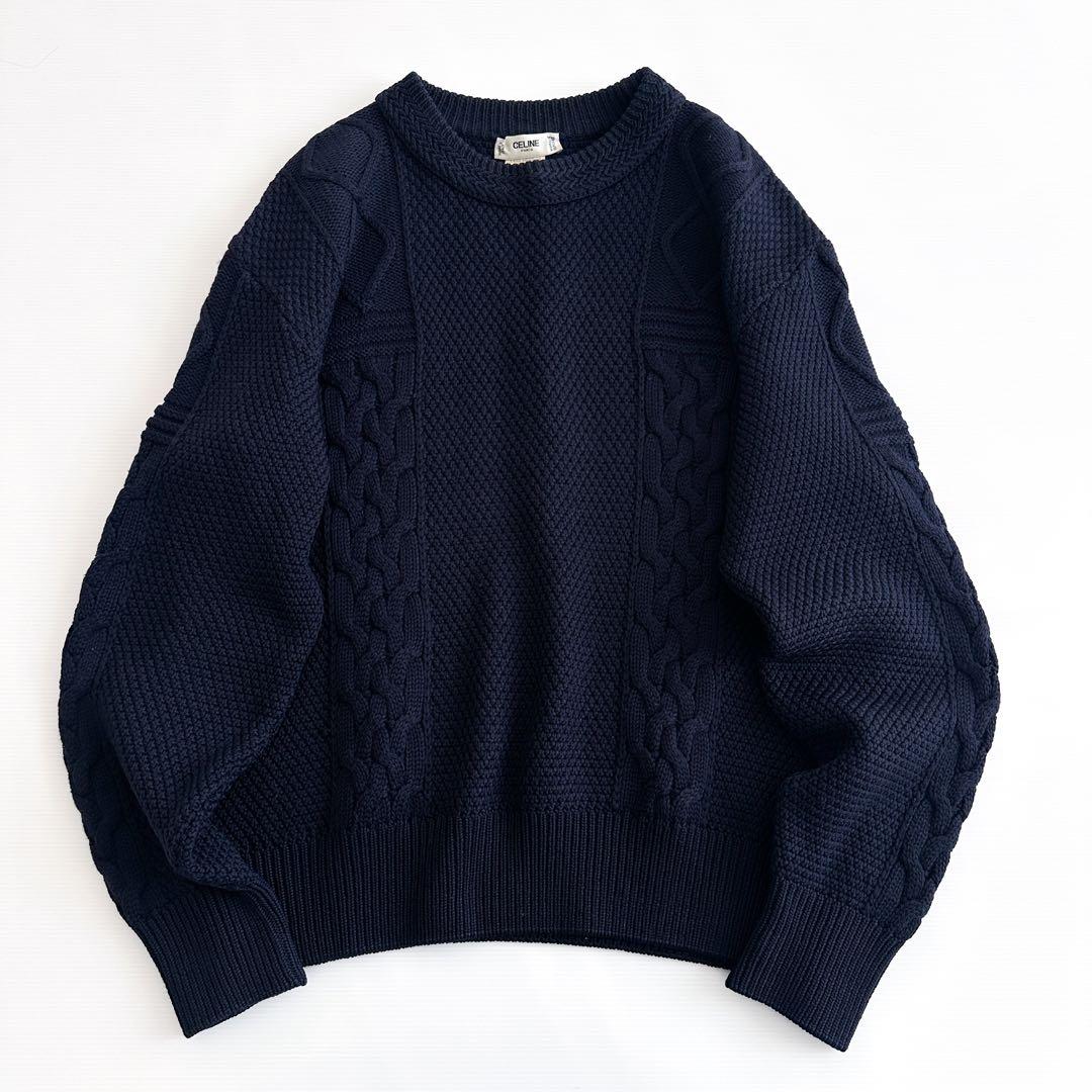 CELINE メリノウール ケーブルニット 紺 セーター 鹿の子編み ネイビー