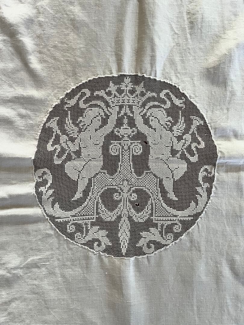 ◆フランスアンティーク｜手刺繍希少天使レースマルチクロステーブルエンジェル正方形