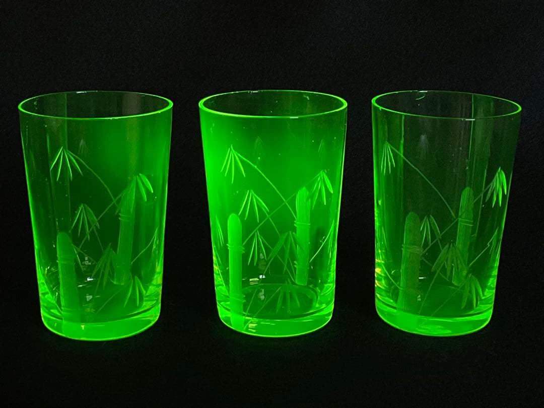 アンティーク　ウランガラス　大正期　コップ　グラス　竹之図　すりガラス　3客