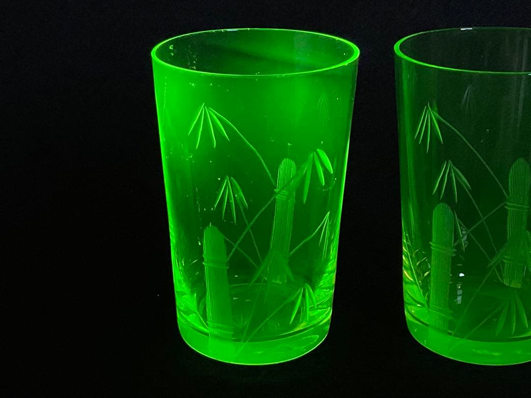 アンティーク　ウランガラス　大正期　コップ　グラス　竹之図　すりガラス　3客