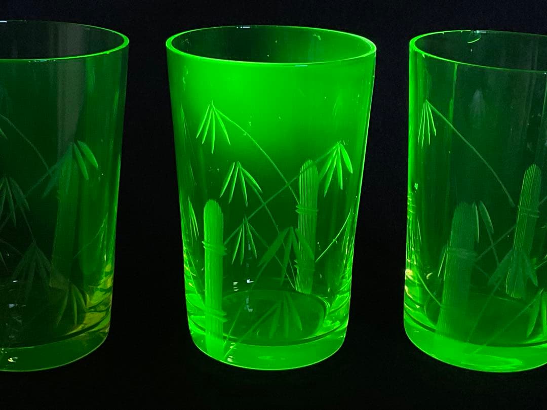 アンティーク　ウランガラス　大正期　コップ　グラス　竹之図　すりガラス　3客