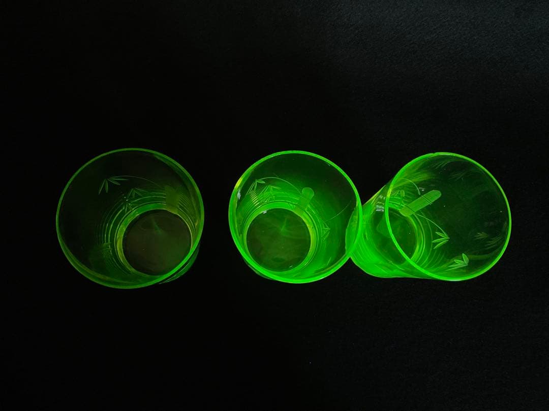 アンティーク　ウランガラス　大正期　コップ　グラス　竹之図　すりガラス　3客