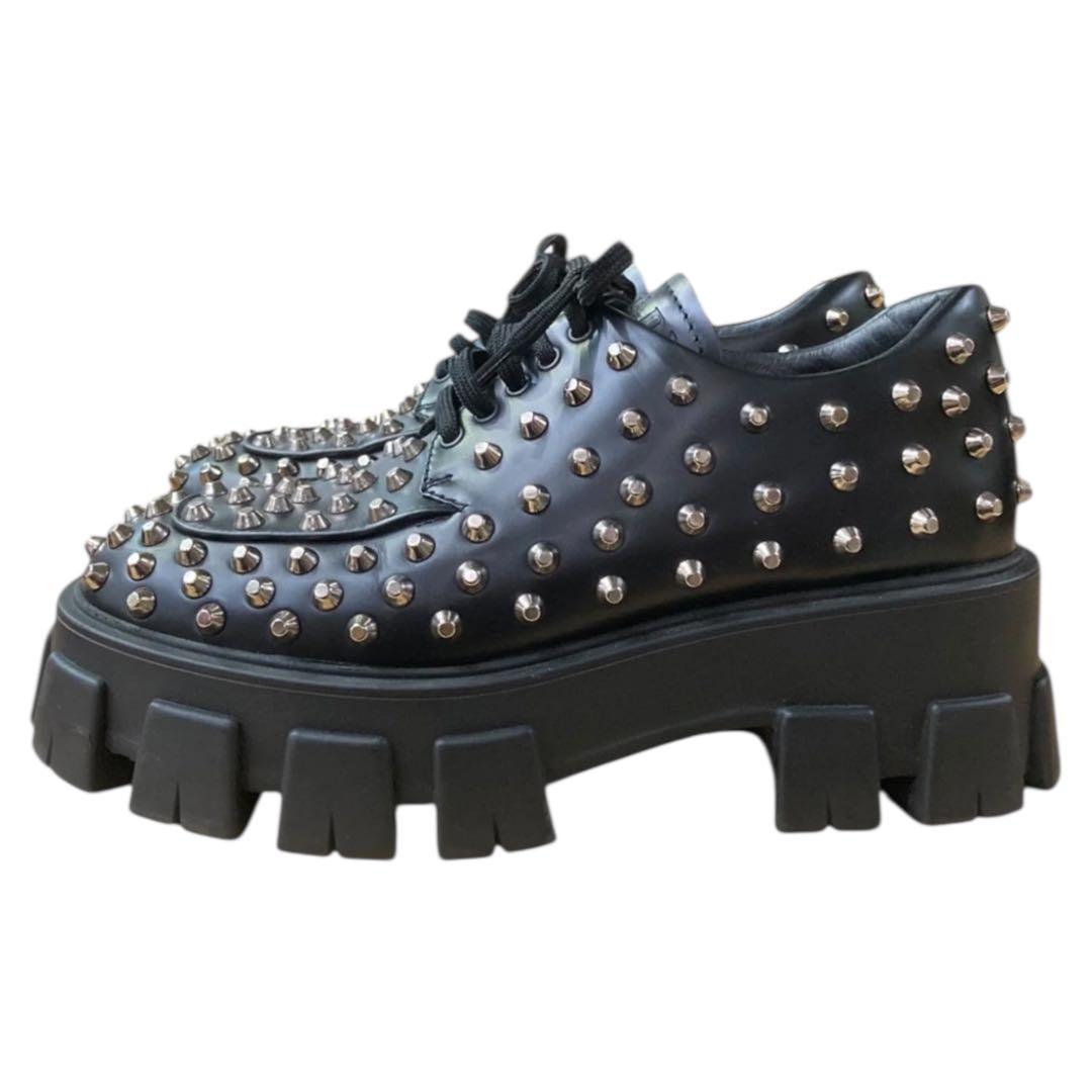 希少 PRADA プラダ モノリス スタッズローファー ブラック 37 24cm