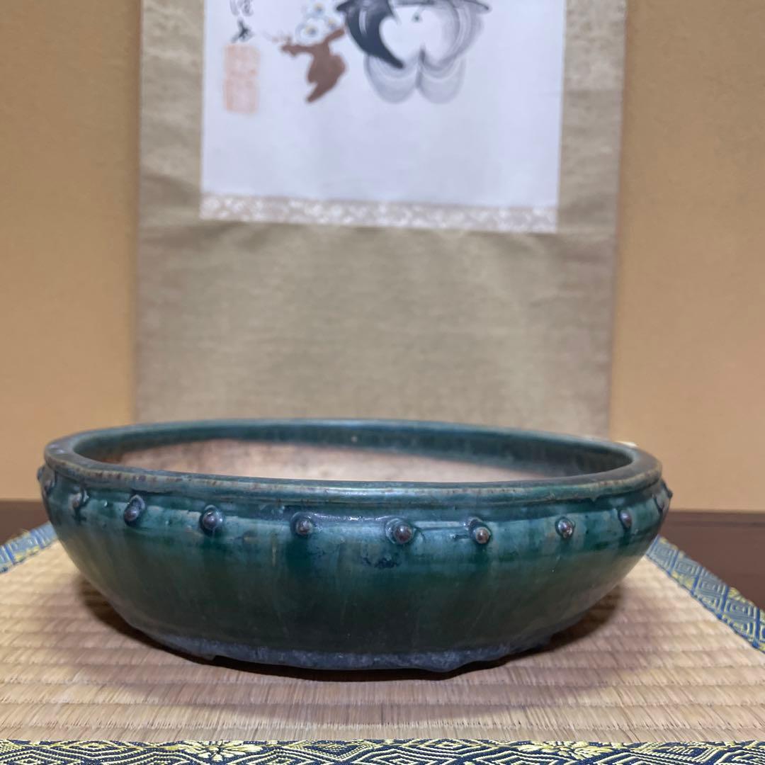 【落款あり】秀峰 鋲打外縁丸太鼓鉢 緑釉 盆栽鉢 丸型鉢 24cm