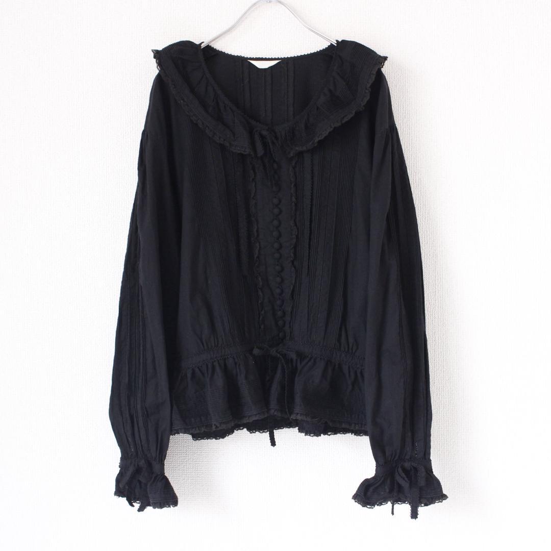 PINKHOUSE 長袖ブラウス Fサイズ ブラック リボン ピコフリル レース
