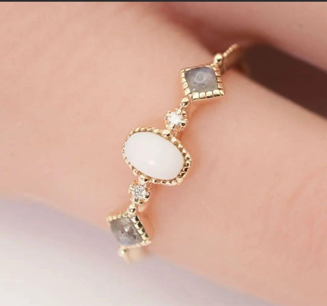 アガット　k10 イエローゴールド　9号　珊瑚 ダイヤ ラブラドライト