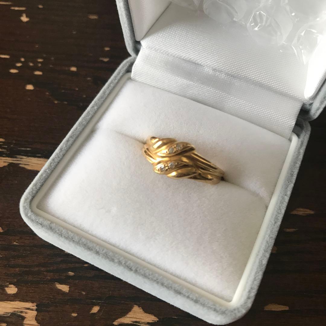 k18 刻印あり　ゴールド ツイストデザイン リング　ダイヤモンド4石