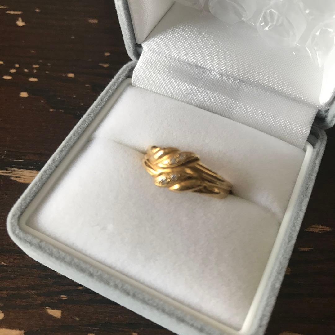 k18 刻印あり　ゴールド ツイストデザイン リング　ダイヤモンド4石