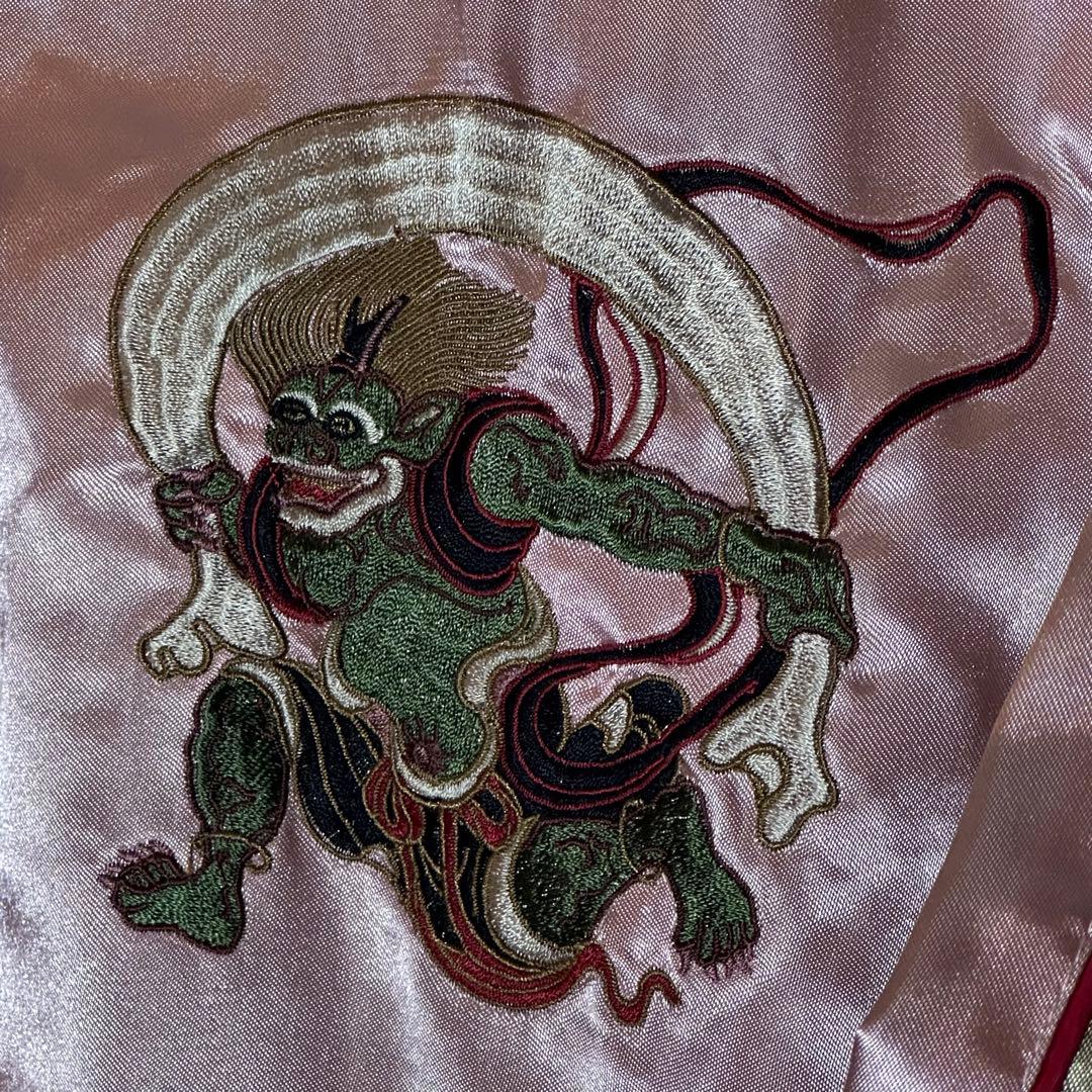 【新品未使用】風神雷神刺繍スカジャンピンクゴールド和柄サテンブルゾンM〜L