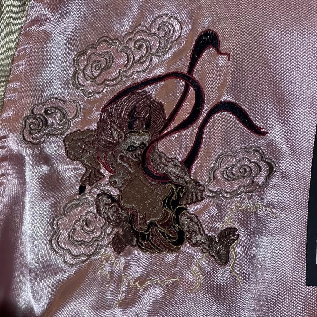 【新品未使用】風神雷神刺繍スカジャンピンクゴールド和柄サテンブルゾンM〜L