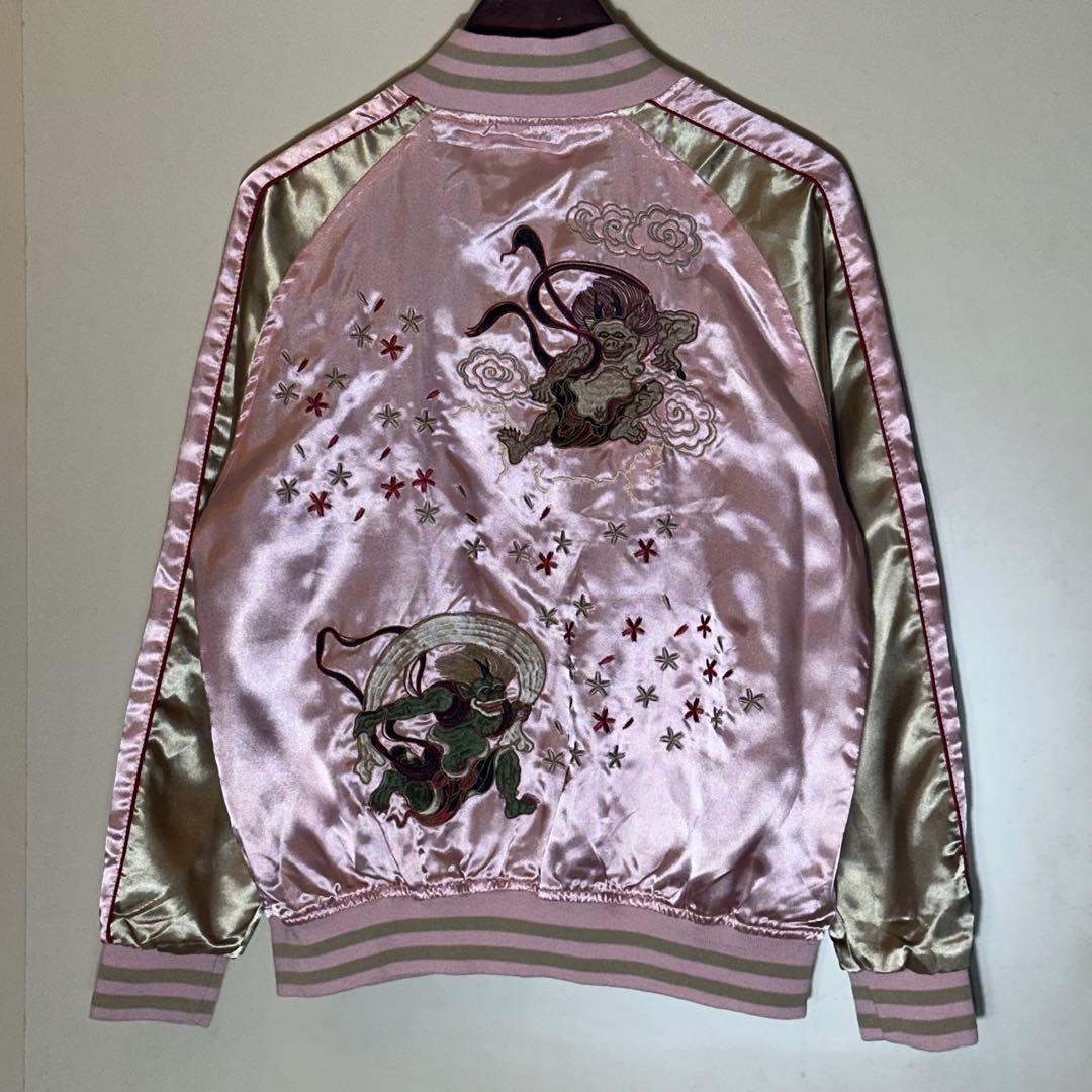 【新品未使用】風神雷神刺繍スカジャンピンクゴールド和柄サテンブルゾンM〜L