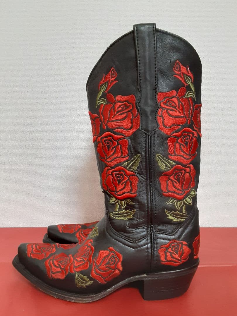 バラ刺繍 黒 レザー ウエスタンブーツ　23.5