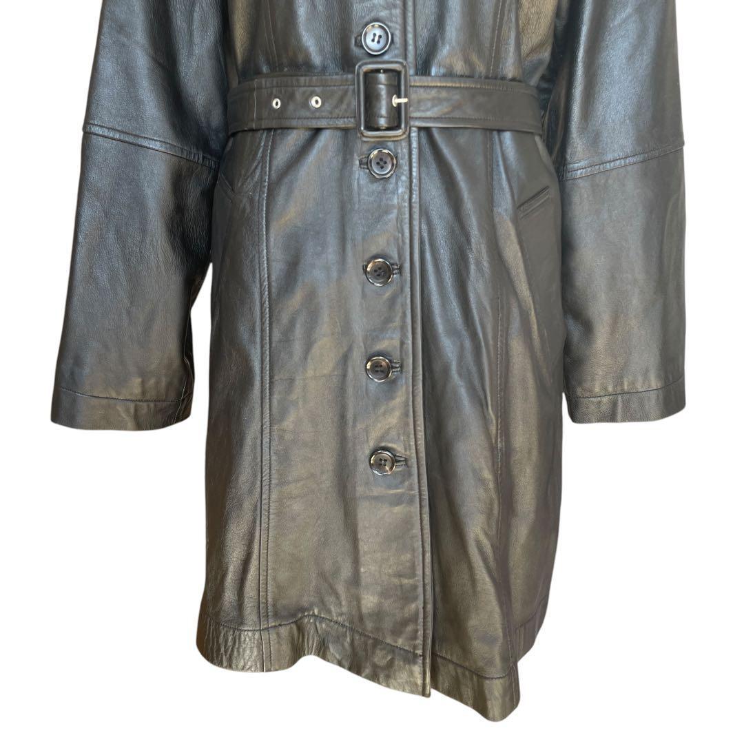 ミスアリス 羊革　レザーコート レザージャケット ベルト付 ひざ丈 ブラック