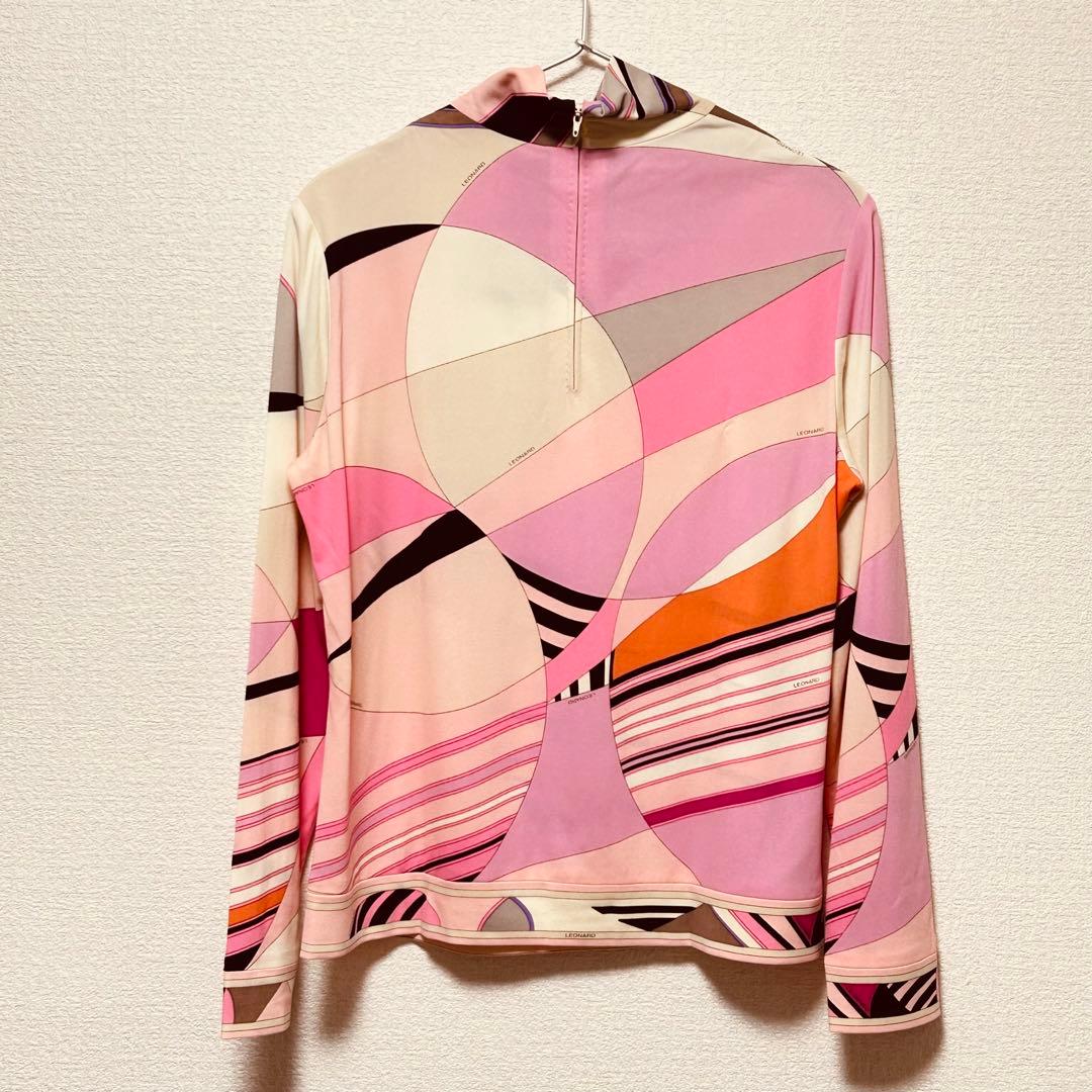 美品 レオナール　ブラウス　長袖　カンカン素材　ピンク　トリム　XL相当