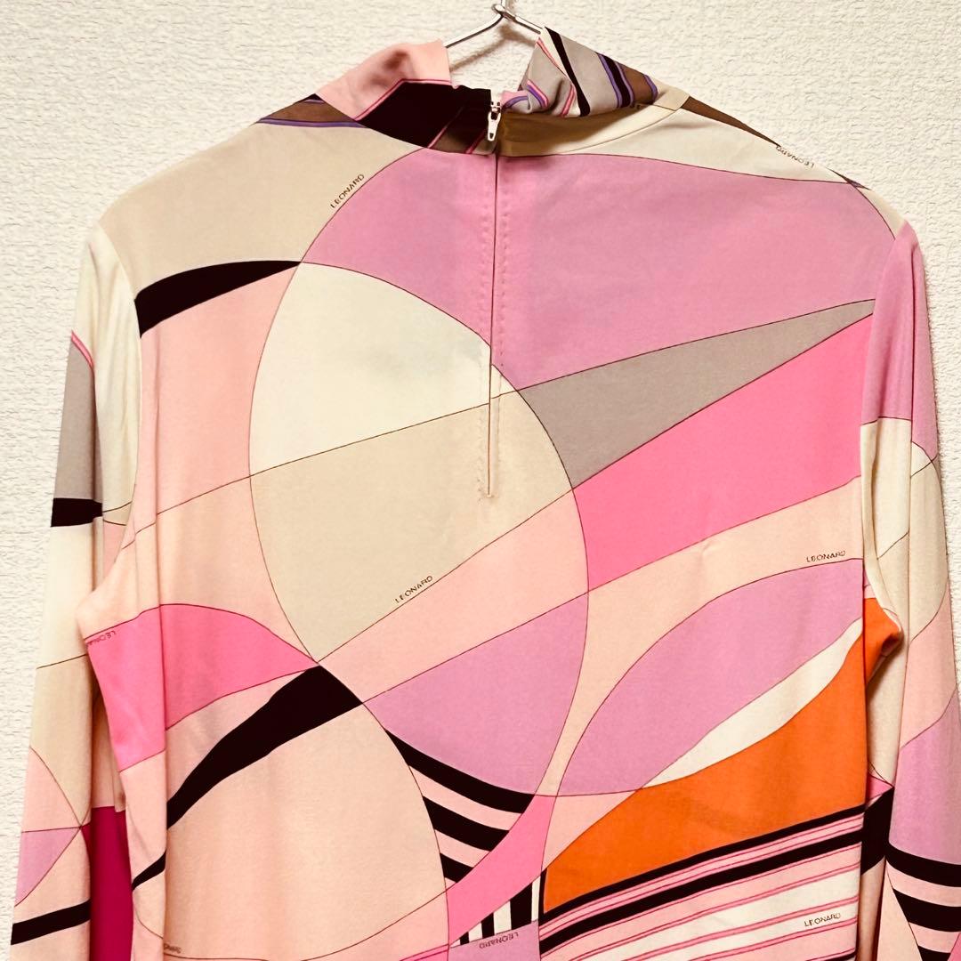 美品 レオナール　ブラウス　長袖　カンカン素材　ピンク　トリム　XL相当