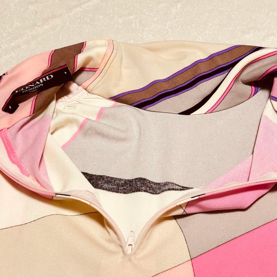 美品 レオナール　ブラウス　長袖　カンカン素材　ピンク　トリム　XL相当