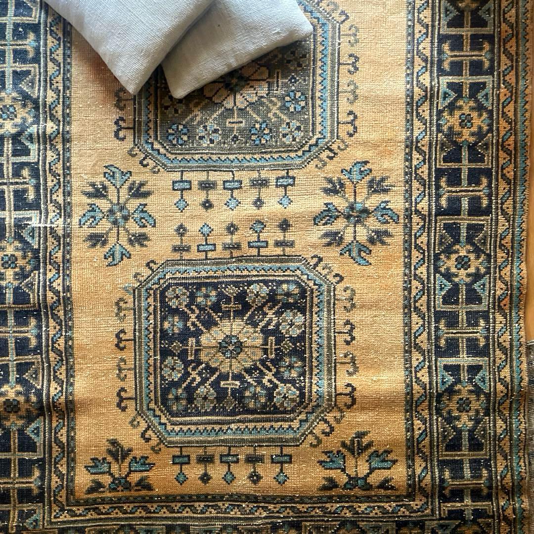 超特大140×366 くすみイエローベージュ　ボタニカル　トルコヴィンテージラグ