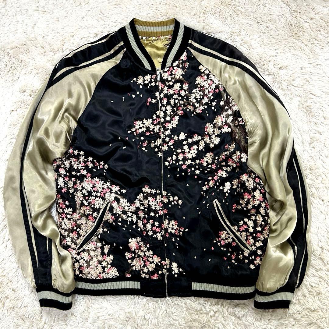 【黄金】花旅楽団 リバーシブル スカジャン 桜 がしゃ髑髏 金 黒 ドクロ 刺繍