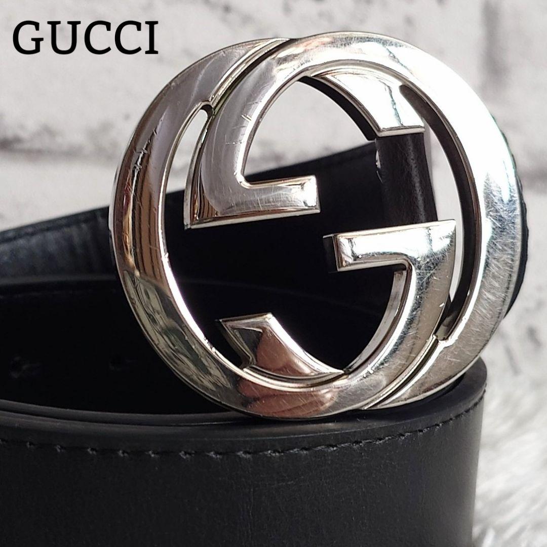 グッチ インターロッキング シルバー バックル レザー ベルト ロゴ金具 黒