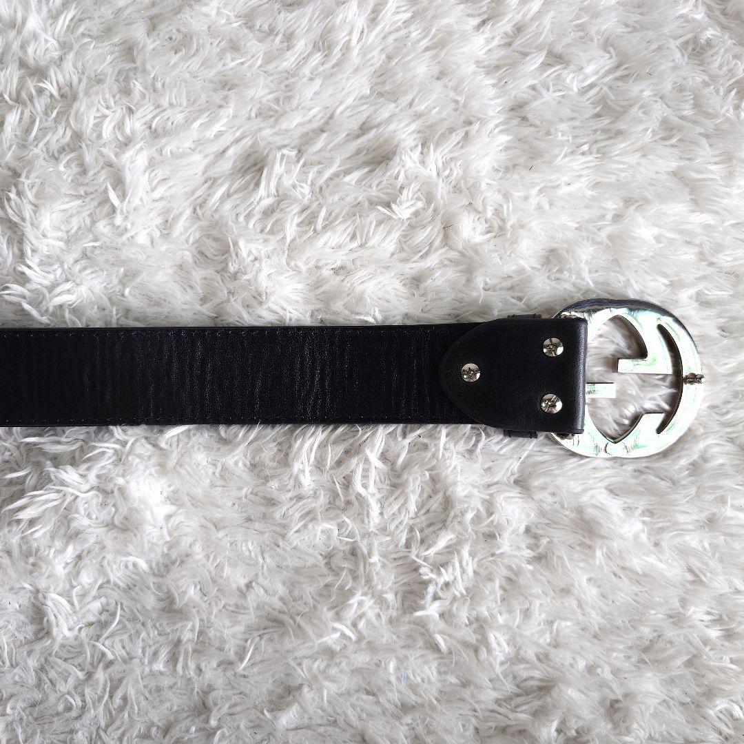 グッチ インターロッキング シルバー バックル レザー ベルト ロゴ金具 黒