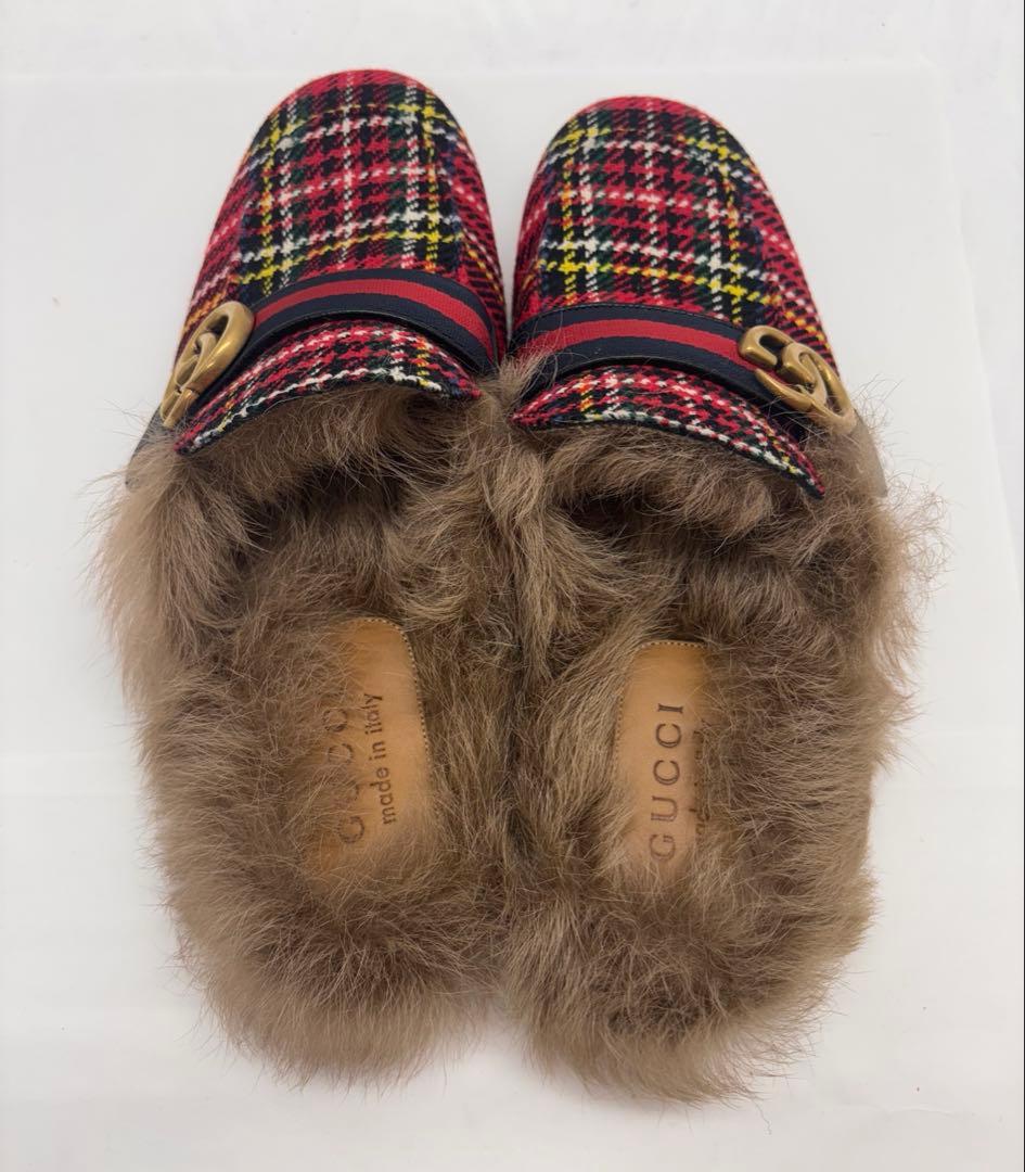 GUCCI プリンスタウン　タータンチェック　ファーミュール　497309