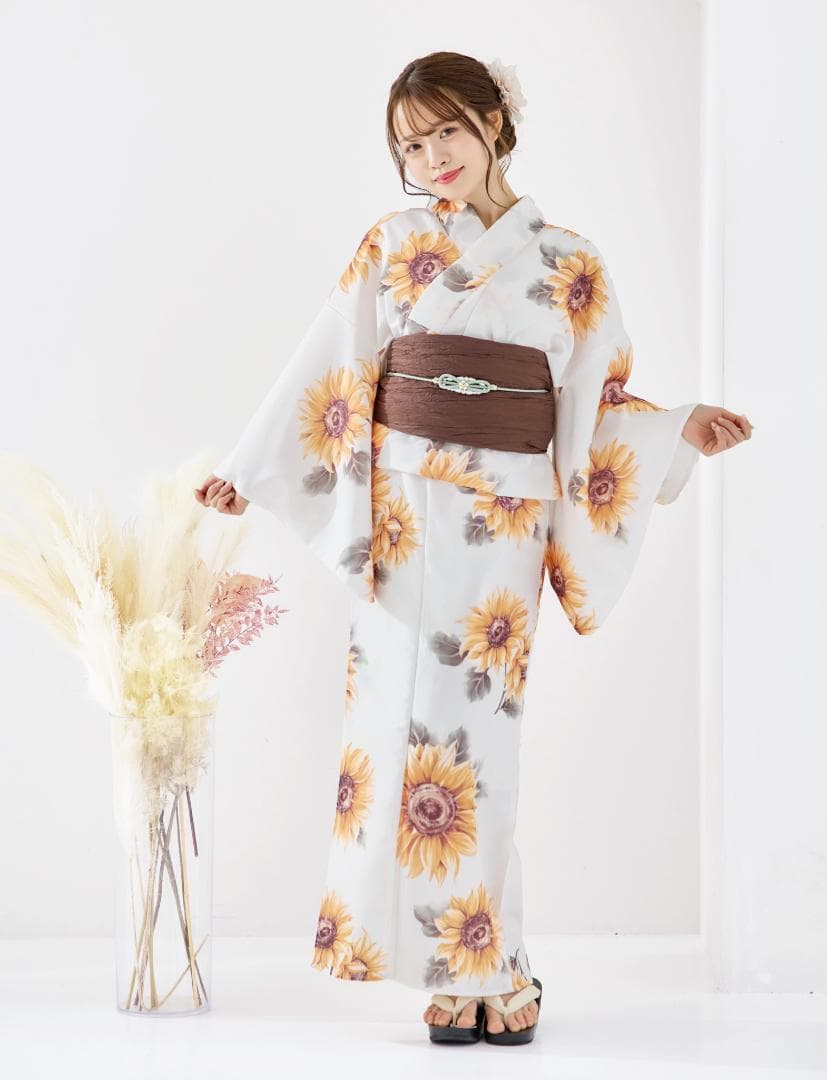 新品 浴衣 セット 浴衣セット ゆかた 大人 レディース 白 向日葵 Y4-53