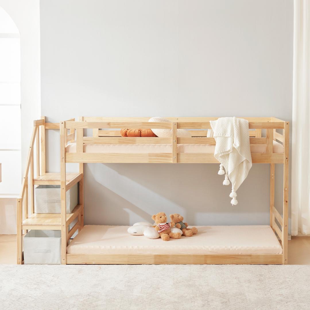 天然木ロフトベッド 階段付き 木製北欧風 大人 ベッド コンパクト　2COLOR