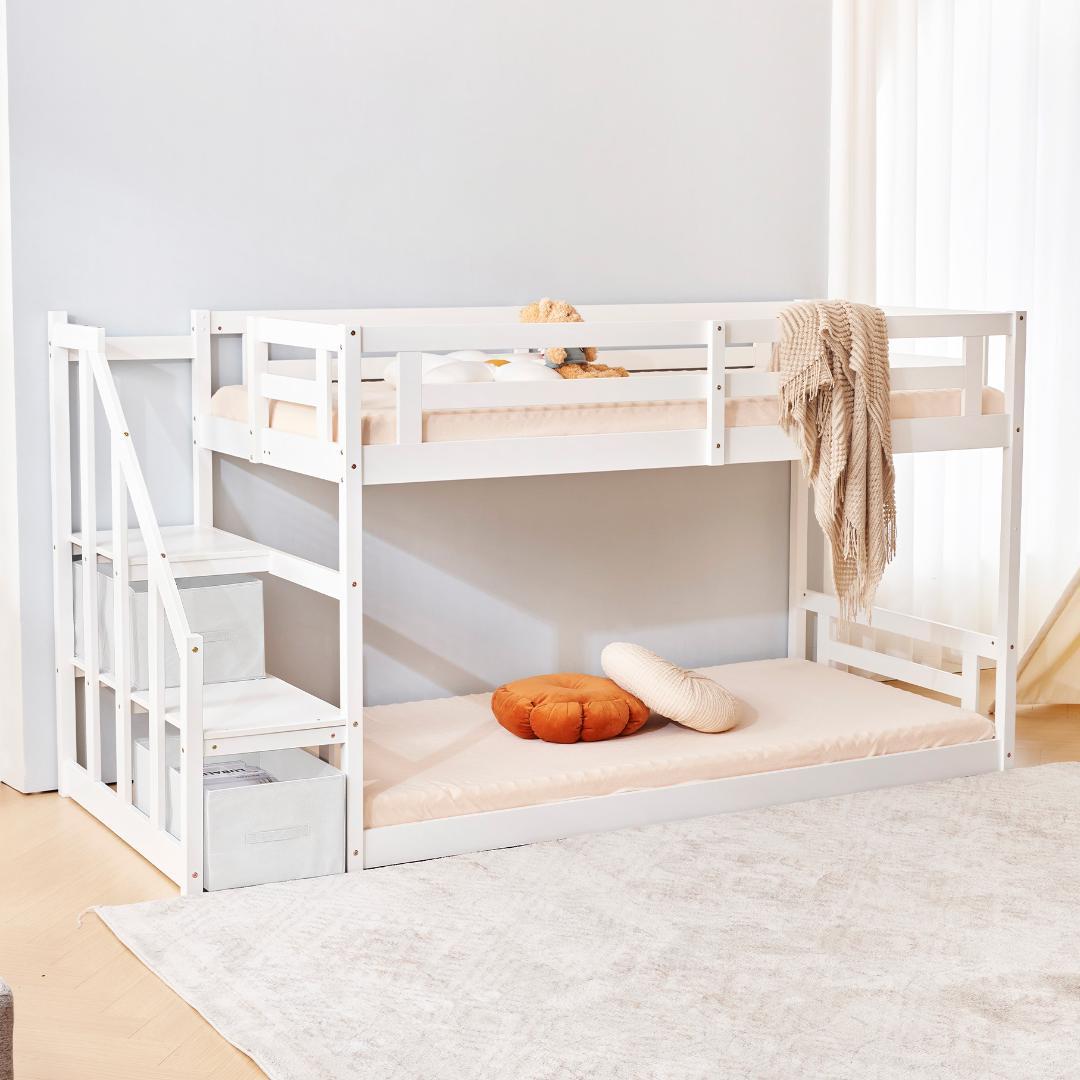 天然木ロフトベッド 階段付き 木製北欧風 大人 ベッド コンパクト　2COLOR