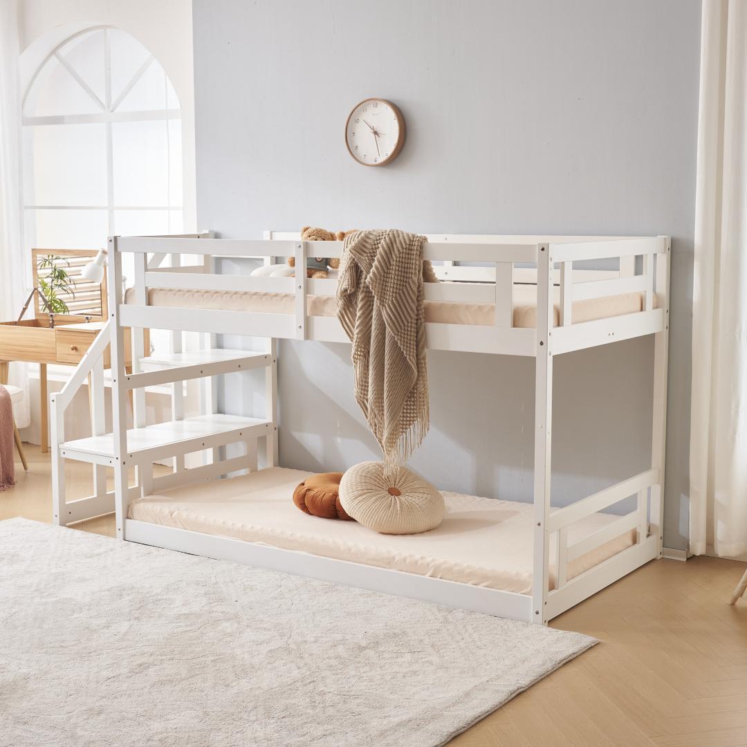 天然木ロフトベッド 階段付き 木製北欧風 大人 ベッド コンパクト　2COLOR