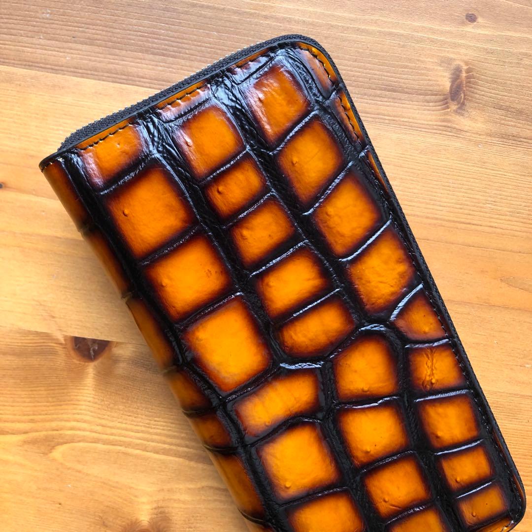 本物　クロコダイル　シャムワニ長財布 ワニ革 一枚革　 キャメル