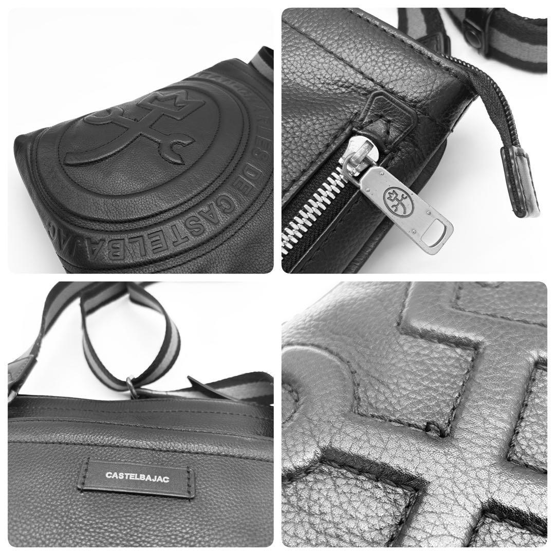 A786【良品】カステルバジャック レザー メッセンジャーバッグ 黒 大判ロゴ