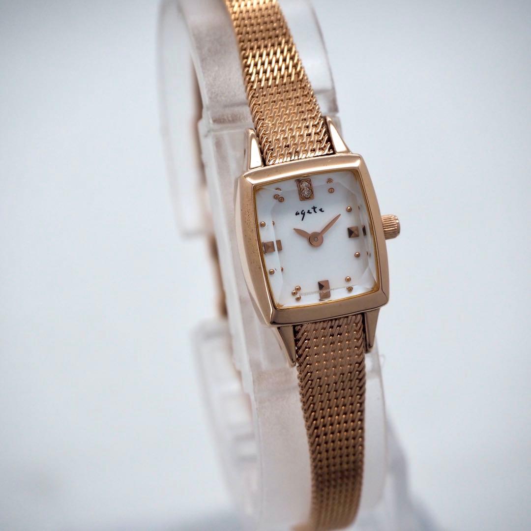160 稼働 agete 時計 SV925 0.02ct 1Pダイヤ レディース