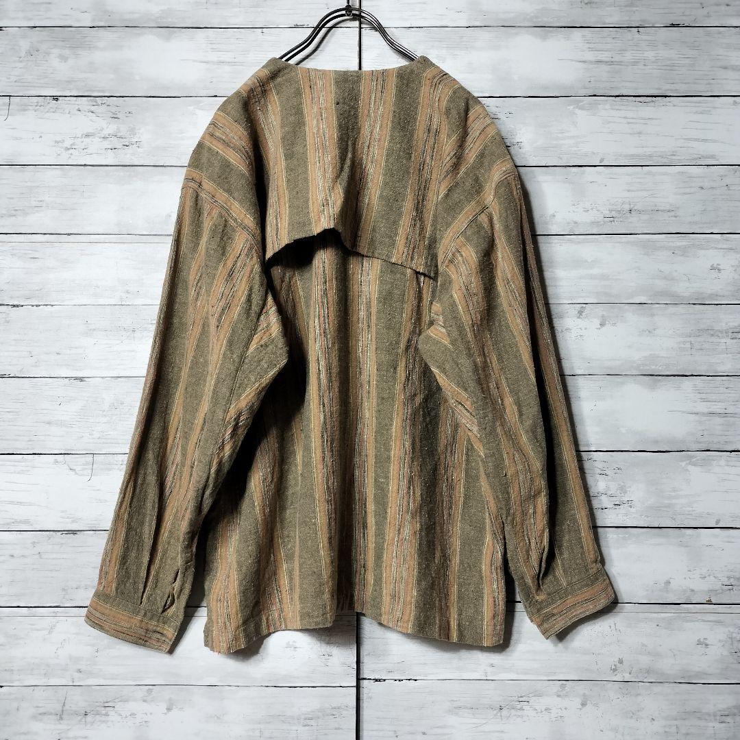 80's 筆タグ イッセイミヤケ ノーカラー シャツジャケット ストライプ 綿