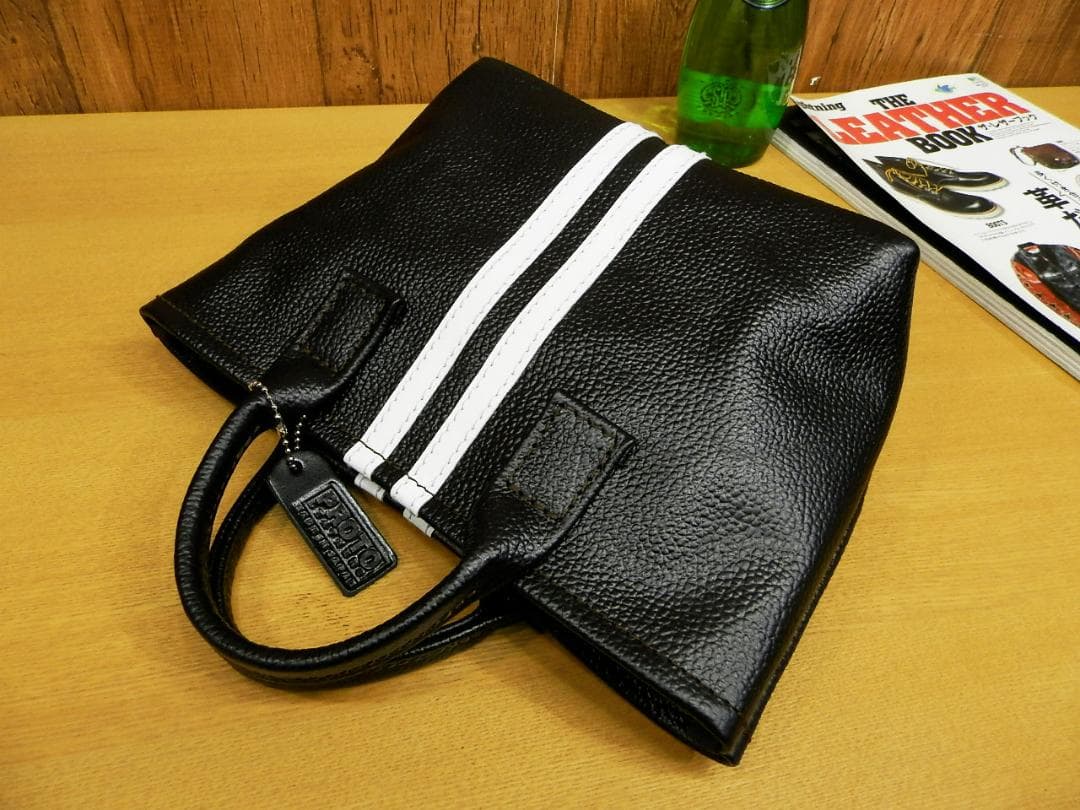 ☆XSサイズ☆ブラック×ホワイトライン本革ミニトートバッグ♪ストライプ黒